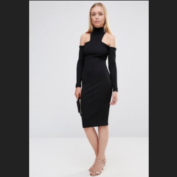 New NWT black high neck open shoulders black midi dress size XS/S - Picture 2 of 5